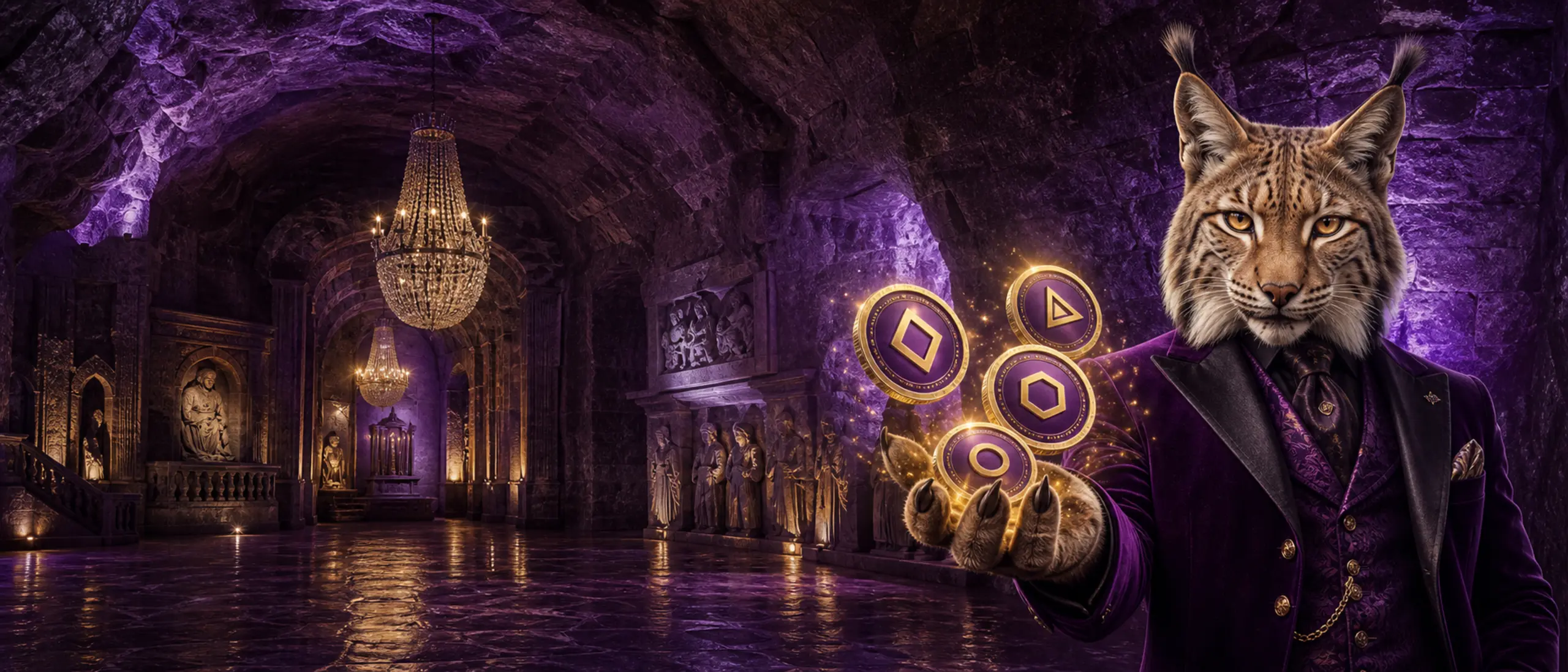 Maskotka rysia przedstawia bonus kryptowalutowy w scenerii kopalni soli w Wieliczce