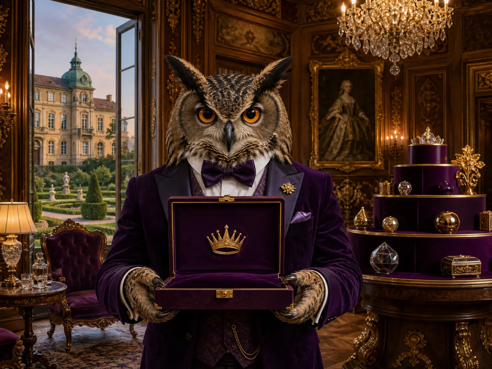 Maskotka puchacza przedstawia program VIP we wnętrzu pałacu w Łańcucie