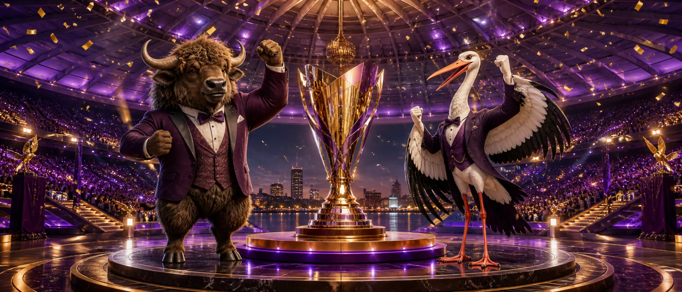 Turniej Bizzo Casino z maskotkami żubra i bociana przy złotym pucharze